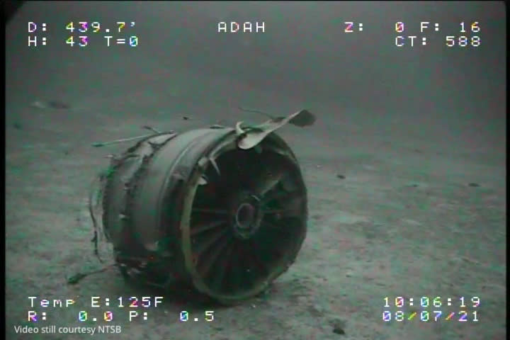 ADDS ADDITIONAL SOURCE INFORMATION - In this Thursday, July 8, 2021, image from video provided by Sea Engineering, Inc. via the National Transportation Safety Board, the jet engine inlet case from Transair Flight 810 rests on the Pacific Ocean floor off the coast of Honolulu, Hawaii. The NTSB located the aircraft on the Pacific Ocean floor approximately 2 miles from Ewa Beach. The fuselage split into 2 sections, breaking just forward of the wings. On July 2, the pilots of the Transair Flight 810 reported engine trouble and were attempting to return to Honolulu when they were forced to land the Boeing 737 in the water, the Federal Aviation Administration said in a statement. (Sea Engineering, Inc./NTSB via AP)
