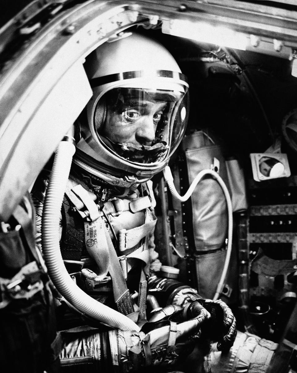 FILE - In this May 5, 1961 file photo, astronaut Alan Shepard sits in his capsule at Cape Canaveral, Fla., aboard a Mercury-Redstone rocket. Freedom 7 was the first American manned suborbital space flight, making Shepard the first American in space. (AP Photo)