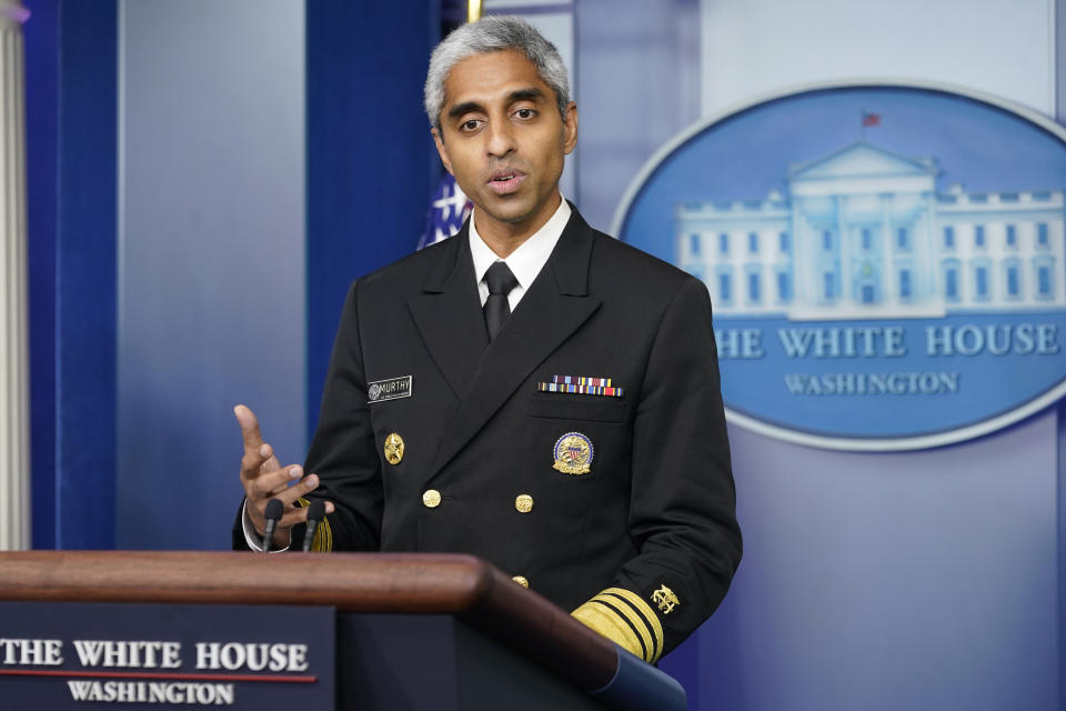 Surgeon-General Dr. Vivek Murthy speaks at the daily briefing at the White House on July 15, 2021.