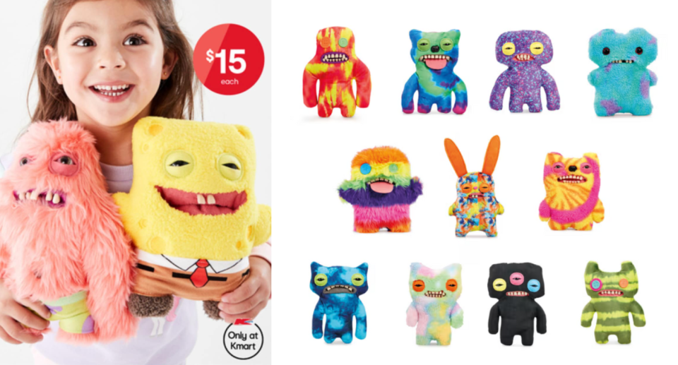 A little girl holds two Kmart fugglers (left) and more of the range pictured in the catalogue (right).