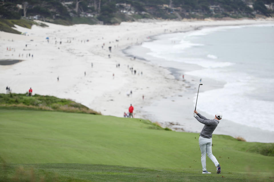 PEBBLE BEACH, CALIFORNIA - JUNE 14: Rory McIlroy of Northern Ireland plays a second shot on the ninth hole during the second round of the 2019 U.S. Open at Pebble Beach Golf Links on June 14, 2019 in Pebble Beach, California. (Photo by Christian Petersen/Getty Images)