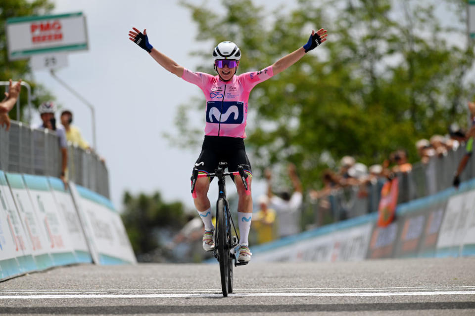 ALASSIO ITALY  JULY 06 Annemiek Van Vleuten of The Netherlands and Movistar Team  Pink Leader Jersey celebrates at finish line as stage winner during the 34th Giro dItalia Donne 2023 Stage 7 a 1091km stage from Albenga to Alassio  Santuario della Guardia 551m  UCIWWT  on July 06 2023 in Alassio Italy Photo by Dario BelingheriGetty Images