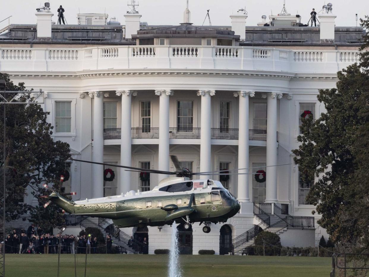 Marine One, with President Donald Trump aboard, lifts off from the the South Lawn of the White House, Tuesday: AP