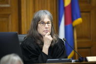 Judge Sarah B. Wallace presides over a hearing for a lawsuit to keep former President Donald Trump off the state ballot in court Wednesday, Nov. 1, 2023, in Denver. (AP Photo/Jack Dempsey, Pool)