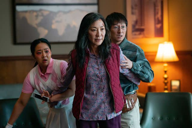 Allyson Riggs/A24 From left: Stephanie Hsu, Michelle Yeoh, and Ke Huy Quan in 'Everything Everywhere All at Once"