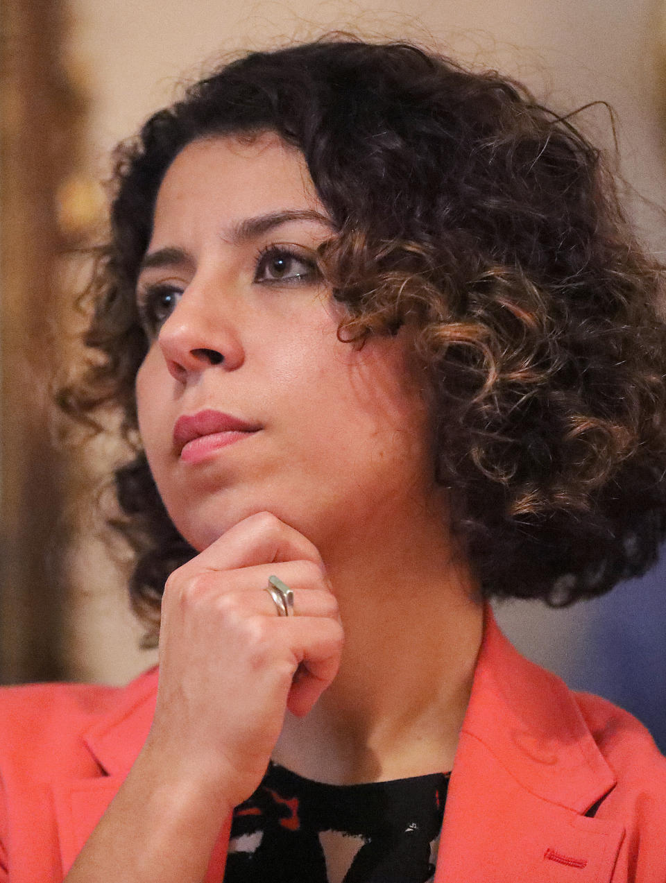 Ihssane Leckey attends the Brookline Democratic Town Committee as one of the candidates for Massachusetts's 4th Congressional District on Oct. 20, 2019.  (Photo: Pat Greenhouse/The Boston Globe via Getty Images)