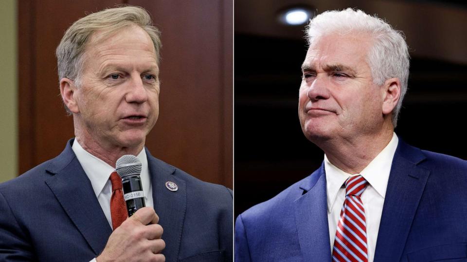 PHOTO: Rep. Kevin Stern (R-OK) speaks during a town hall event hosted by House Republicans on March 1, 2022 in Washington, DC; and House Majority Whip Rep. Tom Emmer (R-MN) listens during a press conference at the Capitol on Sept. 27, 2023 in DC. (Samuel Corum and Anna Moneymaker/Getty Images)