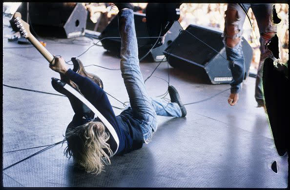 <p>Kurt Cobain performs at Pukkelpop Festival in Hasselt, Belgium in 1991. He and his band were known for destroying their equipment after a show ended.</p>