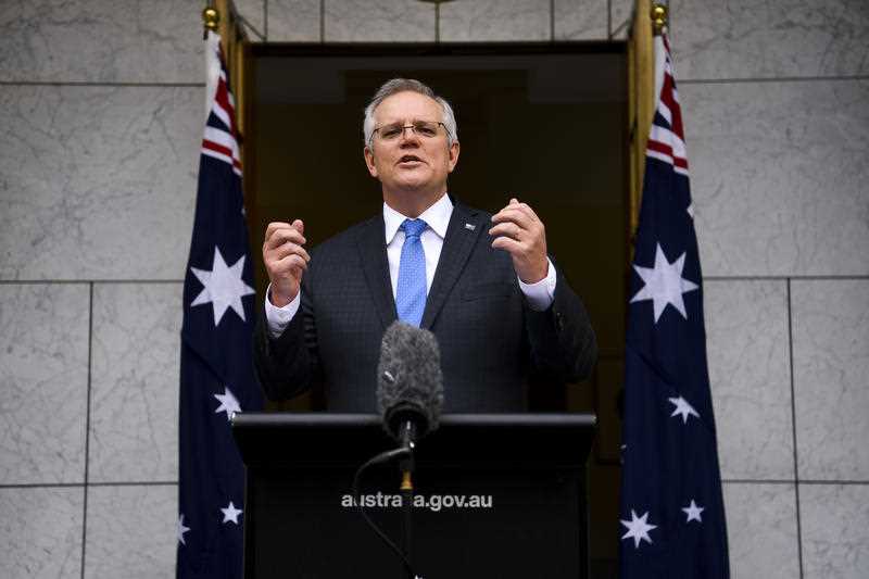 Australian Prime Minister Scott Morrison speaks to the media during a press conference at Parliament House in Canberra.