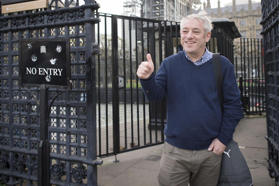 Speaker of the House of Commons, John Bercow arrives at Parliament from a session in the gym in London Thursday Oct. 31, 2019. The speaker of Britain’s House of Commons has become a global celebrity for his loud ties, even louder voice and star turn at the center of Britain’s Brexit drama. On Thursday Oct. 31, 2019, he is stepping down after 10 years in the job. (Stefan Rousseau/PA via AP)