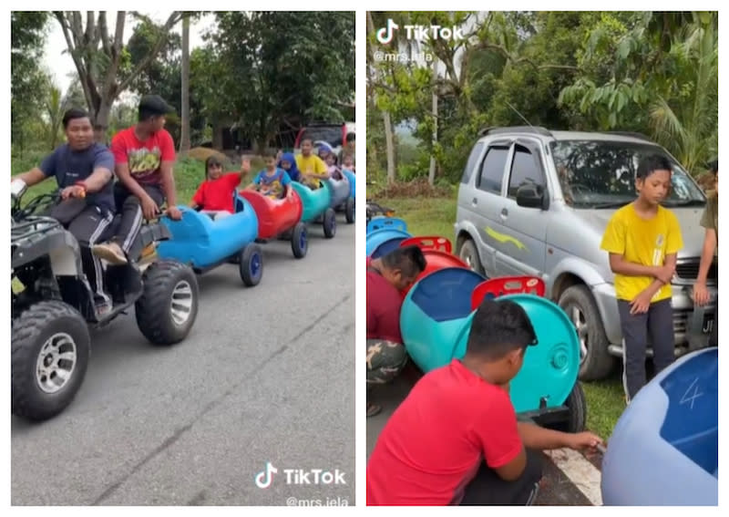 Sahran documented on TikTok how he made his fun train ride using empty water containers and ATV. — Screengrab via TikTok/mrs.iela