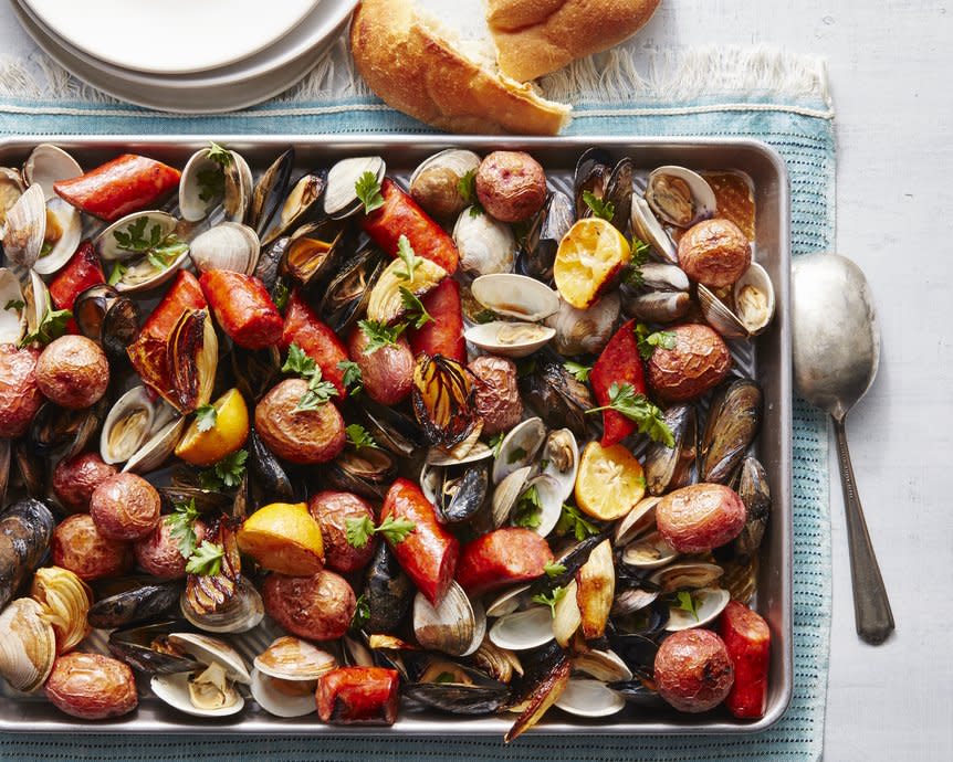 Sheet Pan Seafood Bake with Buttery Wine Sauce