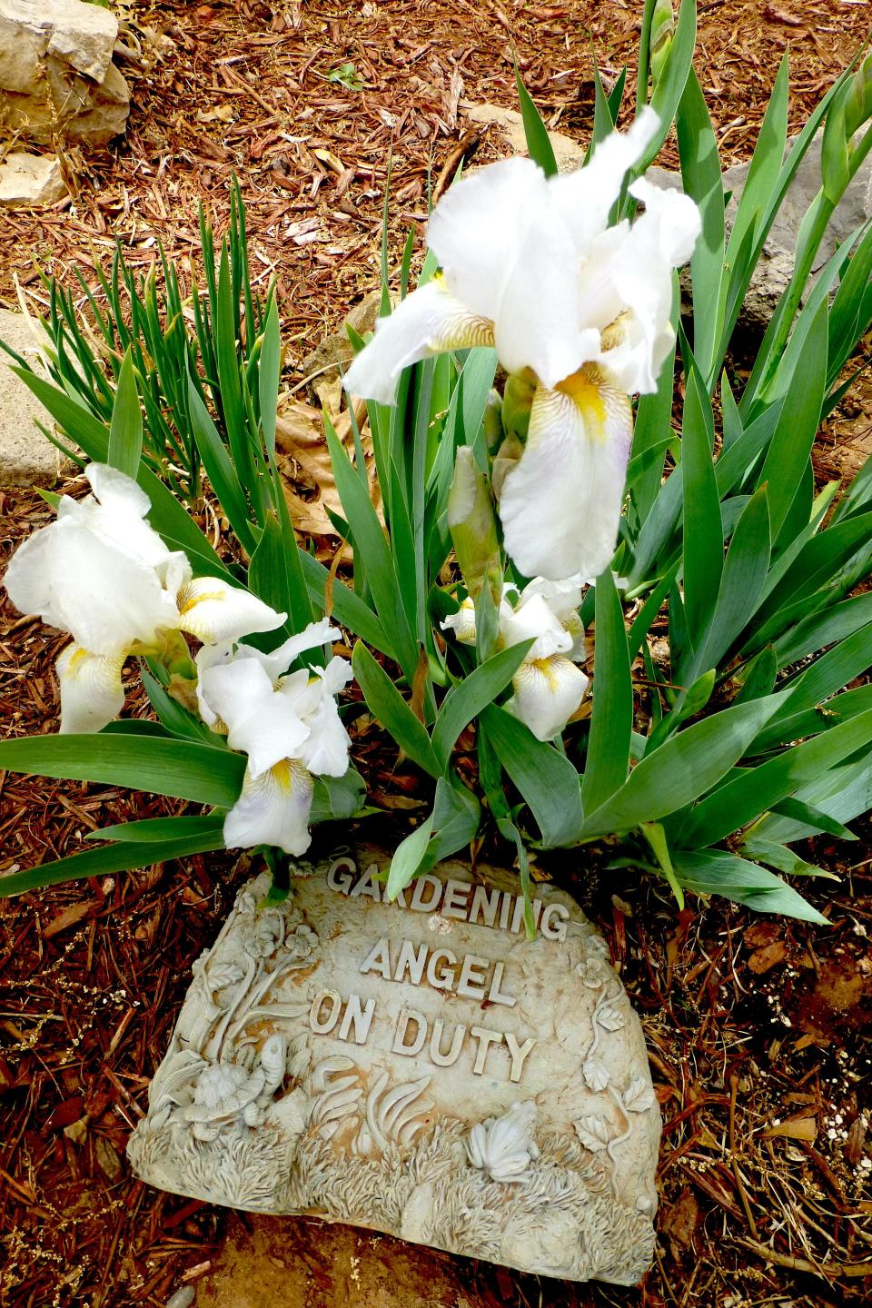 Garden stepping stones like this “Gardening angel on duty” add a calming touch to any garden.