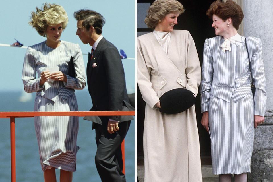 <p>Just a year after Prince Harry was born, Prince Charles and Princess Diana embarked on their second official tour of Australia in October 1985. Princess Diana wore this striped skirt suit at least twice on the tour to attend events like the Melbourne Marathon, seen here, and on a <a href="https://www.gettyimages.com/detail/news-photo/diana-princess-of-wales-meets-the-crowds-in-macedon-news-photo/1178089759" rel="nofollow noopener" target="_blank" data-ylk="slk:walkabout;elm:context_link;itc:0;sec:content-canvas" class="link ">walkabout</a> to greet local children. </p><p>A little over two years later, Princess Diana’s older sister Lady Sarah McCorquodale wore the same suit with a white pussybow blouse underneath to visit their old school in West Health on November 12, 1987.</p>