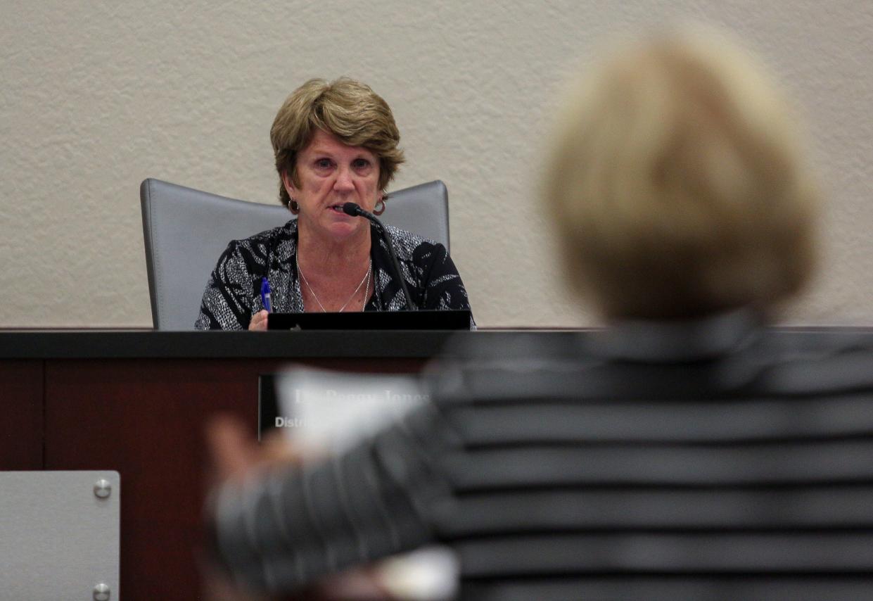 Indian River County School Board Chair Peggy Jones speaks during citizen input in a school board meeting, Monday, Aug. 28, 2023, in Indian River County. The public meeting, which ended after 11:00 p.m., heard from some community members concerned about sexually explicit language within the school districts library books and Gov. Ron DeSantis’ education curriculum based on the approach that “slaves benefitted from slavery.” Over 50 people participated in the citizen input, with opposition from both sides in the discussion, leading to a couple of people being escorted out of the meeting.