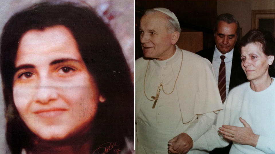 Emanuela Orlandi vanished in 1983 (left). Her mother with Pope John Paul II (right).