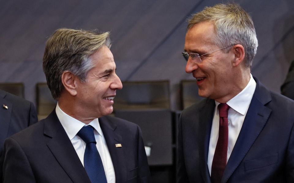 US Secretary of State Antony Blinken (L) speaks with Nato Secretary General Jens Stoltenberg prior to the Nato Foreign Ministers meeting on Ukraine at Nato Headquarters in Brussels