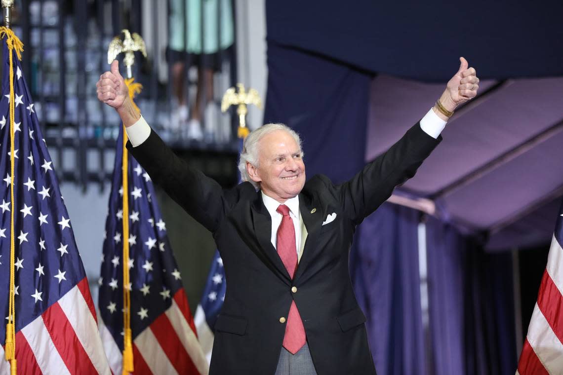 South Carolina Gov. Henry McMaster takes the stage ahead of former President Donald Trump’s speech at Coastal Carolina University in Conway, SC. Feb. 10, 2024