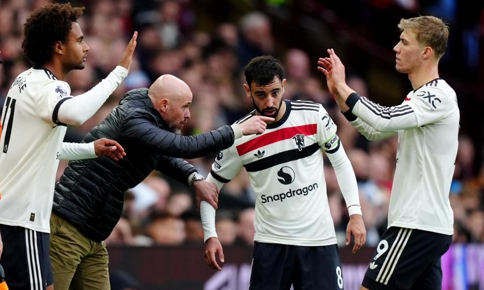 <span>Erik ten Hag’s future is still uncertain after a goalless draw at Villa Park, with Bruno Fernandes (second right) hitting the bar for Manchester United.</span><span>Photograph: Mike Egerton/PA</span>