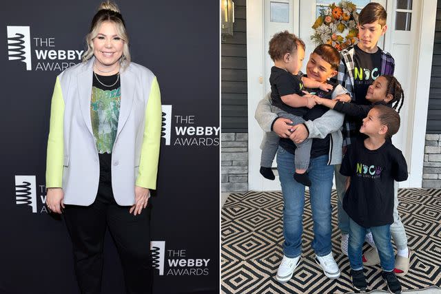 <p>Dimitrios Kambouris/Getty; Kailyn Lowry/Instagram</p> Kailyn Lowry (L), sons Rio, Lincoln, Isaac, Lux and Creed (R)