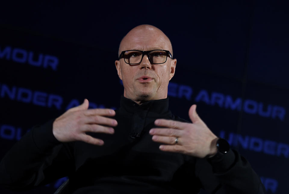 Patrik Frisk, recently appointed Chief Executive Officer Of Under Armour, speaks at the 2020 Under Armour Human Performance Summit on January 14, 2020 in Baltimore, Maryland. (Photo by OLIVIER DOULIERY / AFP) (Photo by OLIVIER DOULIERY/AFP via Getty Images)