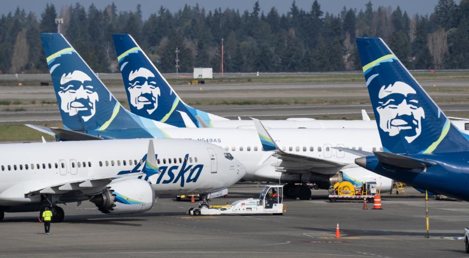An Alaska Airlines Boeing 737 MAX 9 airliner backs away from the terminal at Seattle-Tacoma International Airport on March 25, 2024.