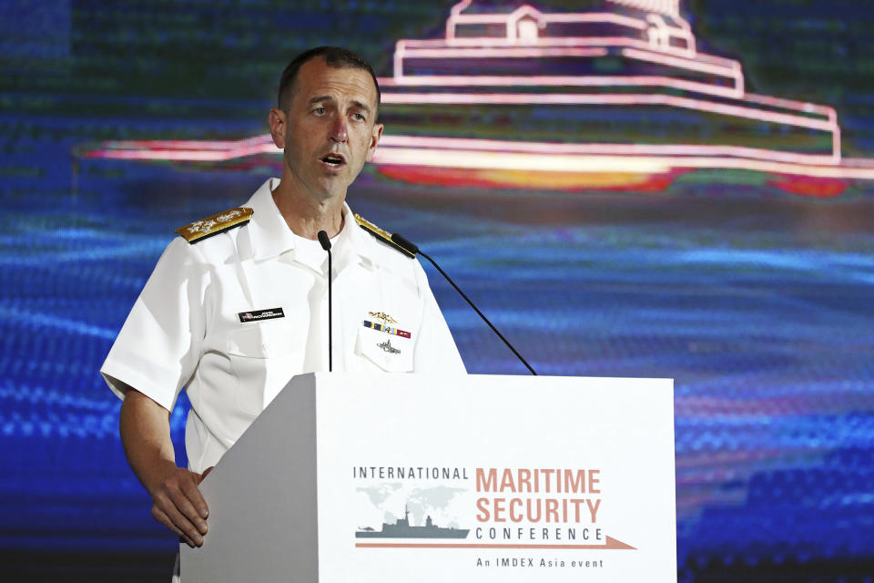 U.S. Chief of Naval Operations Adm. John Richardson delivers a speech during the International Maritime Security Conference on the sidelines of the International Maritime Defense Exhibition in Singapore, Wednesday, May 15, 2019. (AP Photo/Yong Teck Lim)