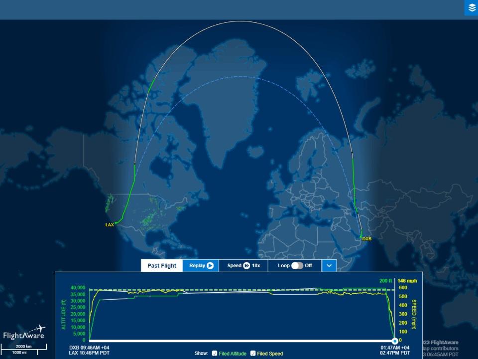 Emirates' flight path from Dubai to Los Angeles on September 25 showing it flew over Russian airspace.