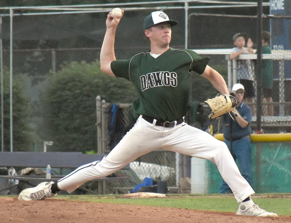 Troy Butler, pictured making his Veterans Memorial Park and PGCBL mound debut in 2021, has not allowed a run in his last two starts for the Mohawk Valley DiamondDawgs.