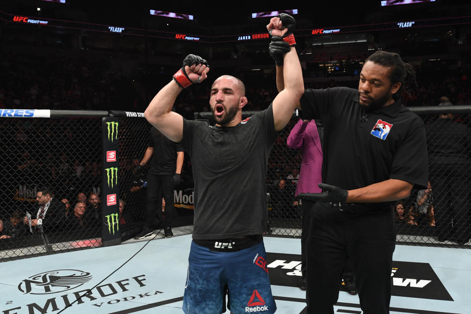 MINNEAPOLIS, MN - JUNE 29:  Jared Gordon celebrates after defeating Dan Moret in their lightweight bout during the UFC Fight Night event at the Target Center on June 29, 2019 in Minneapolis, Minnesota. (Photo by Josh Hedges/Zuffa LLC/Zuffa LLC via Getty Images)