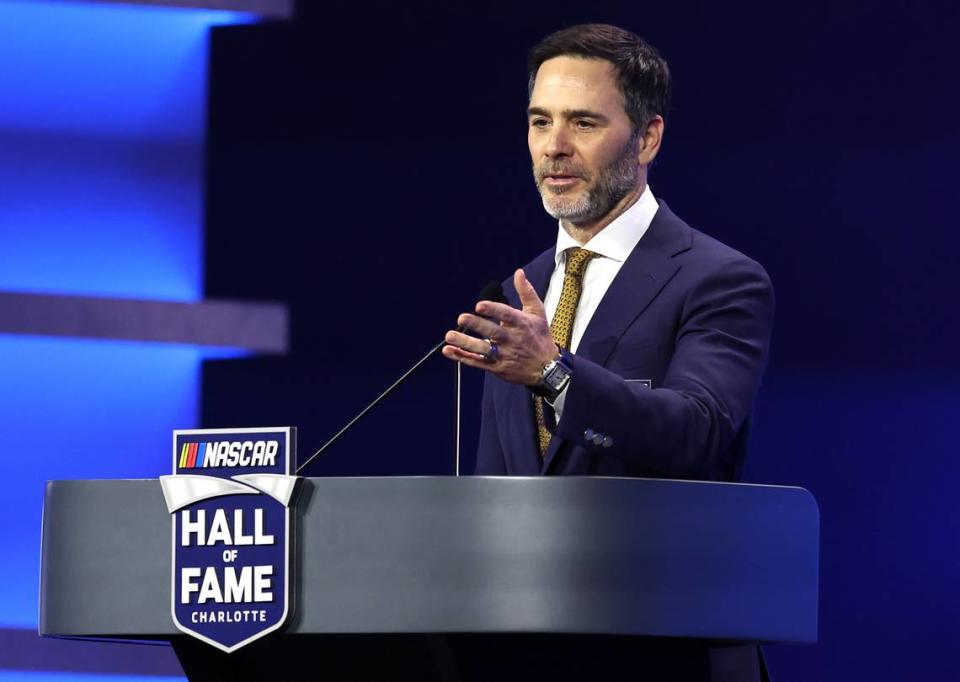 NASCAR Hall of Fame member Jimmie Johnson speaks during his Hall of Fame induction ceremony speech on Friday, January 19, 2024 in Charlotte, NC.