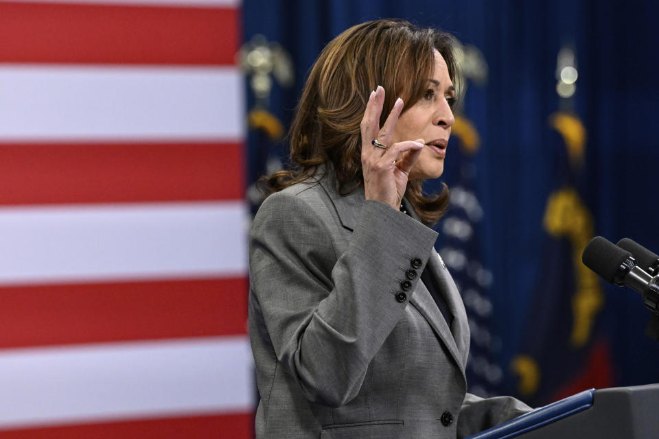 Vice President Kamala Harris delivers a speech about healthcare at an event in Raleigh, N.C., Tuesday, March 26, 2024. (AP Photo/Matt Kelley)