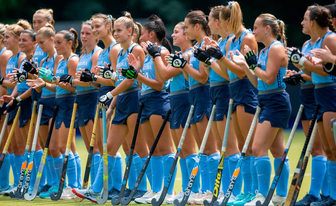 North Carolina field hockey player Jasmine Smolenaars (22) and her teammates are introduced prior to their game against Iowa on Sunday, August 27, 2023 at Karen Shelton Stadium in Chapel Hill, N.C.