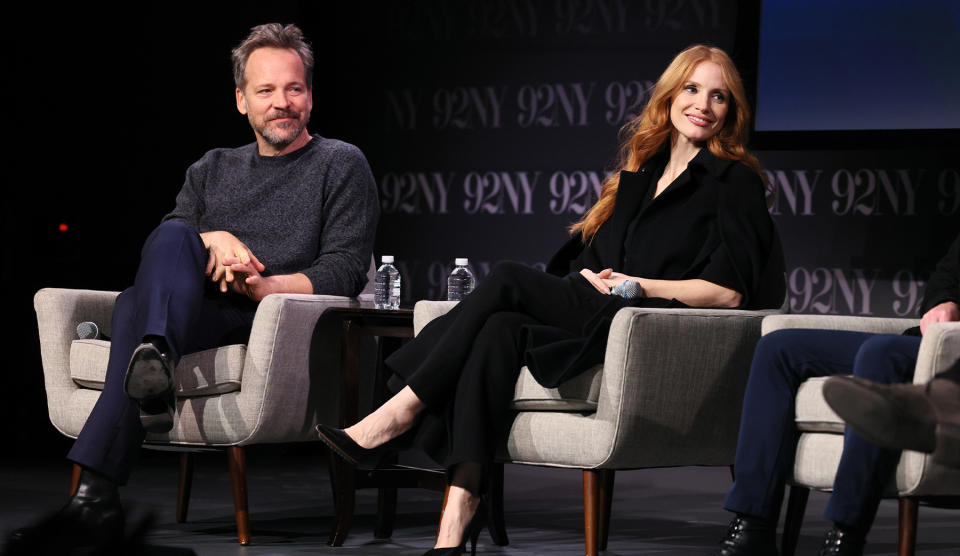 Jessica Chastain, heels, high heels, pumps, black pumps, leather pumps, pointed toe pumps, black coat, black pants, trousers, Peter Sarsgaard, 92Y, New York City