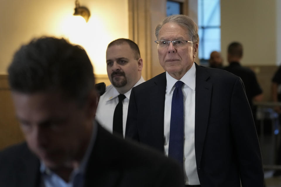 Wayne LaPierre, CEO of the National Rifle Association, arrives to a courtroom in New York, Monday, Jan. 8, 2024. The longtime head of the National Rifle Association is resigning, just before the start of a New York civil trial that's poised to scrutinize his leadership of the powerful gun rights organization. The trial in New York Attorney General Letitia James' lawsuit against the NRA, LaPierre and others who have served as organization executives is scheduled to start this week.(AP Photo/Seth Wenig)