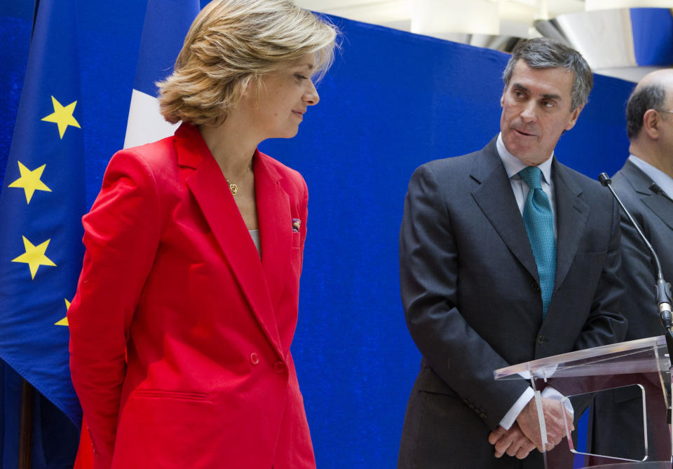 Newly appointed French Junior Minister for Budget, Jerome Cahuzac, right, gives a speech beside outgoing French Budget Minister Valerie Pecresse during their handover ceremony Thursday May 17, 2012 at the Bercy ministry in Paris.(AP Photo/Jacques Brinon)