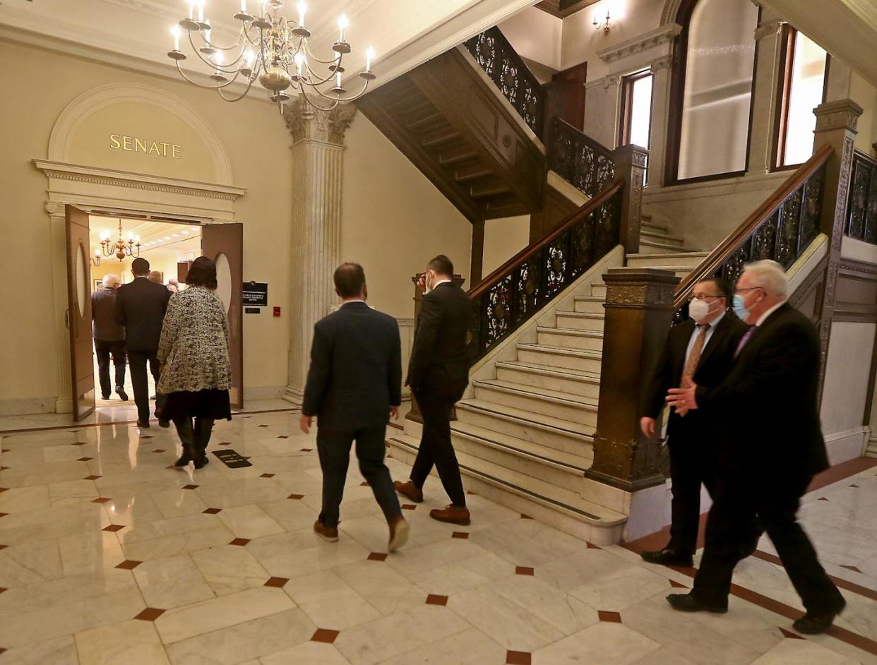 Legislators make policy based on the information at hand, which isn't always the latest scientific findings. <a href="https://www.gettyimages.com/detail/news-photo/scenes-from-the-halls-of-the-state-house-as-senators-head-news-photo/1370192889" rel="nofollow noopener" target="_blank" data-ylk="slk:Stuart Cahill/Boston Herald via Getty Images;elm:context_link;itc:0;sec:content-canvas" class="link ">Stuart Cahill/Boston Herald via Getty Images</a>