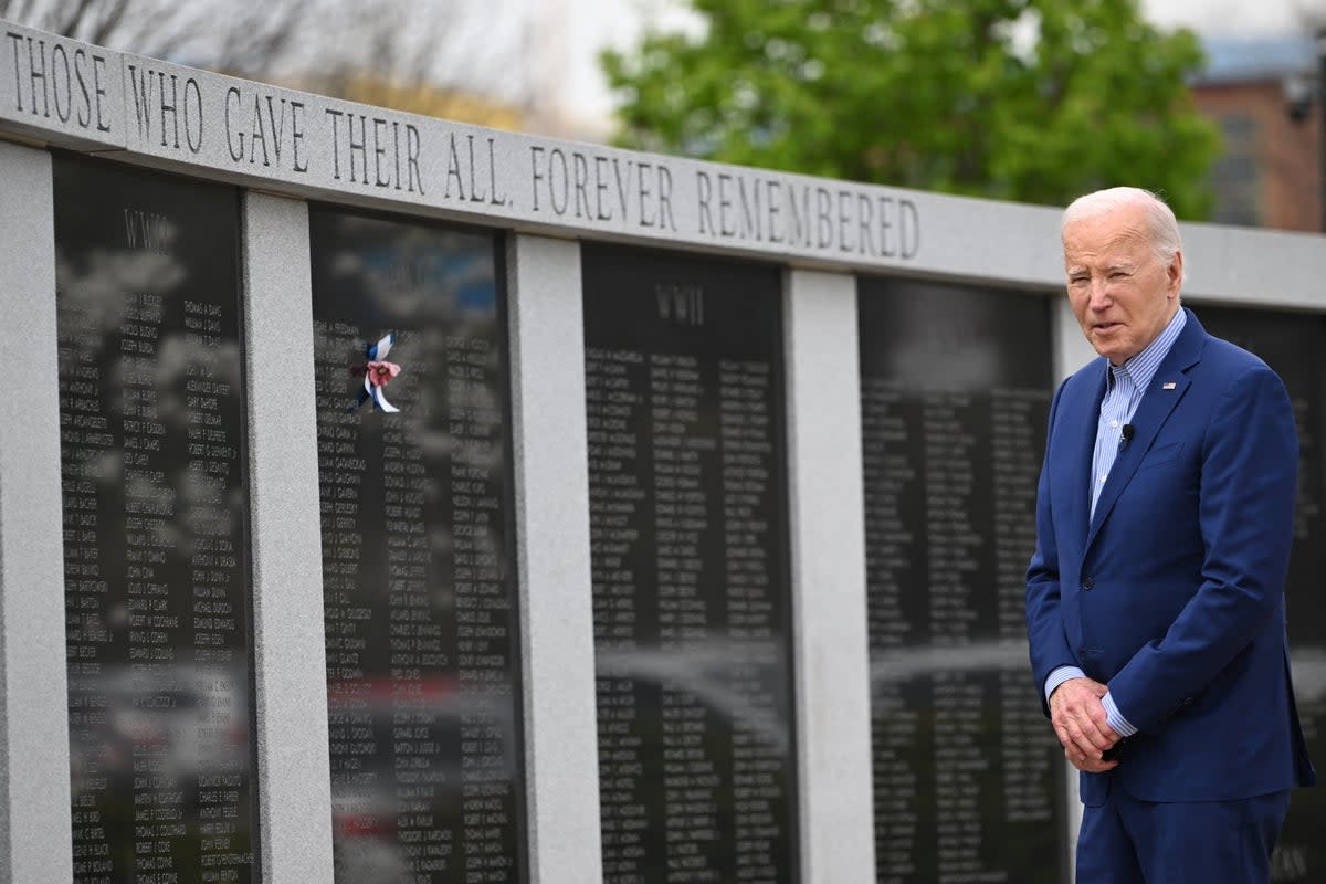 Joe Biden visited a war memorial during a visit to Scranton, Pennsylvania, on Wednesday (AFP via Getty Images)