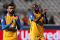 Soccer Football - Champions League - APOEL Nicosia vs Real Madrid - GSP Stadium, Nicosia, Cyprus - November 21, 2017 Apoel Nicosia’s Mickael Pote and Ghayas Zahid applaud the fans at the end of the match REUTERS/Yiannis Kourtoglou