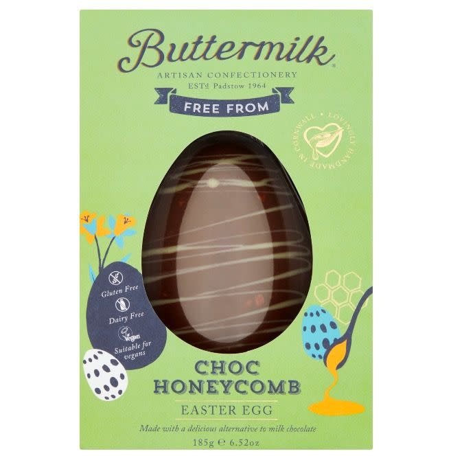 <p>Free from dairy, gluten and wheat, this chocolate honeycomb creation promises to be chocolatey and caramel-y, without any of the diary. </p><p>Buttermilk Free From Choc Honeycomb Easter Egg, £6, Sainsbury's</p><p><a class="link " href="https://www.sainsburys.co.uk/shop/ProductDisplay?storeId=10151&productId=1246734&urlRequestType=Base&catalogId=10122&langId=44" rel="nofollow noopener" target="_blank" data-ylk="slk:BUY NOW;elm:context_link;itc:0;sec:content-canvas">BUY NOW</a></p>