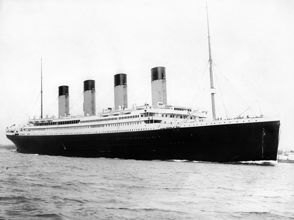 A black-and-white image of the side of the Titanic.