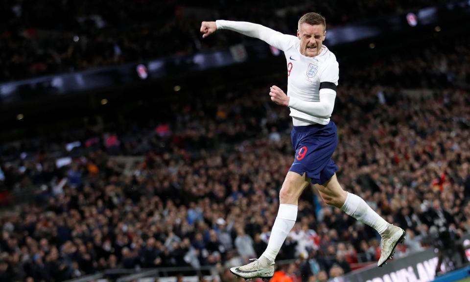 Jamie Vardy celebrates giving Italy the lead against Italy at Wembley.