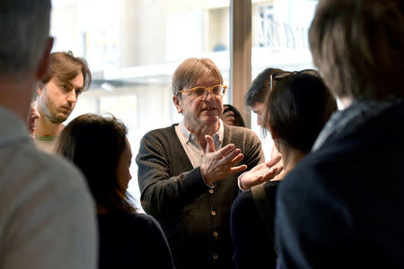 ALDE President and Former Belgium Prime Minister Guy Verhofstadt takes part in the kick-off campaign of La Republique En Marche Benelux, in Brussels, Belgium, April 7, 2018. REUTERS/Eric Vidal