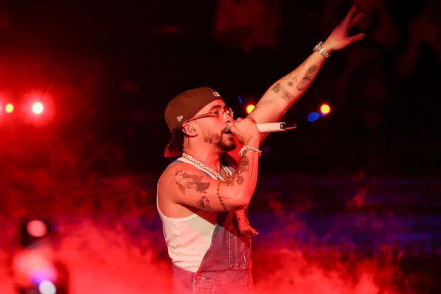 <p>Christopher Polk/Billboard via Getty</p> Bad Bunny at the Billboard Latin Music Awards 2023