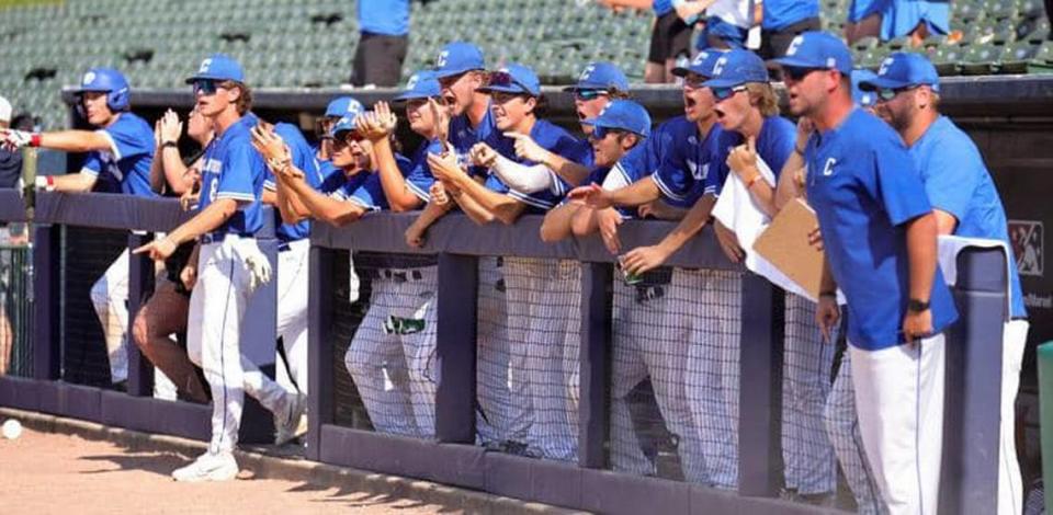 Members of Columbia’s baseball team root on their teammates during the IHSA Class 2A state semifinals at Dozer Park in Peoria. The Eagles defeated Chicago DePaul College Prep High School 9-0 to advance to the state championship game.