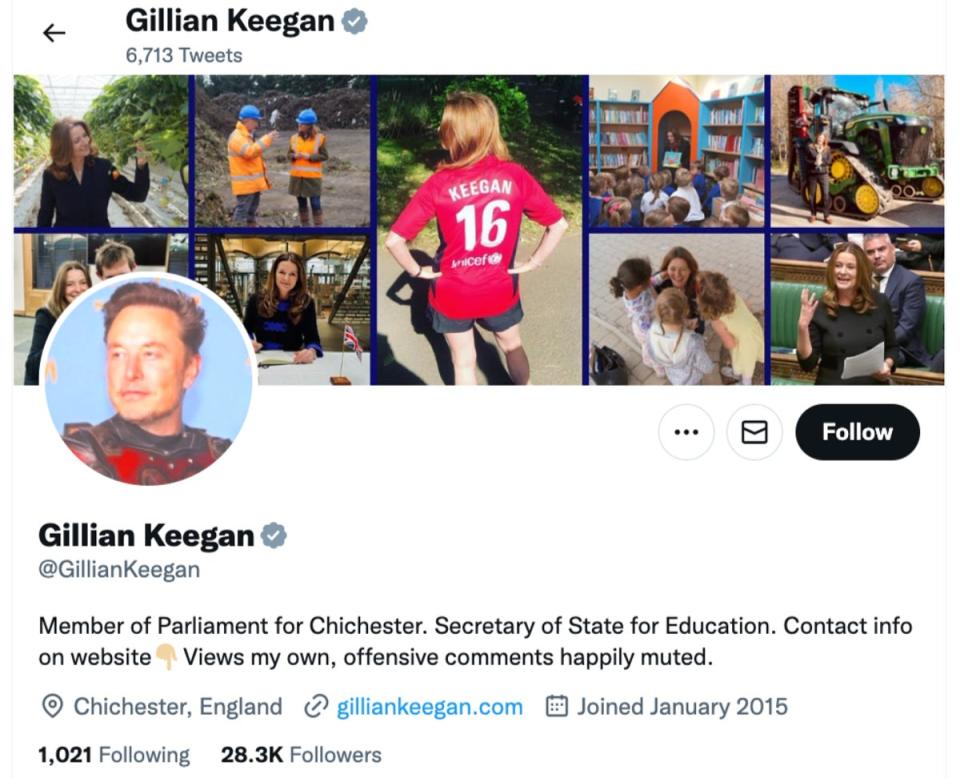 Gillian Keegan’s profile picture remained an image of Elon Musk until shortly before 11am (screengrab)