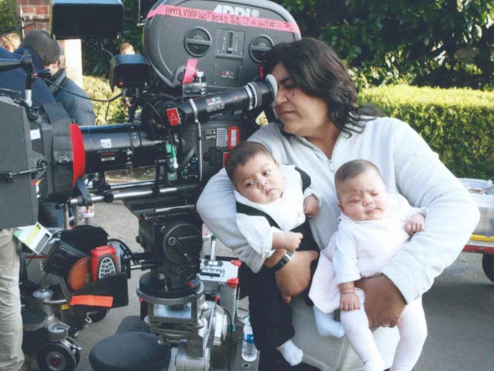 Chadha directing with her twins in hand (Gurinder Chadha)