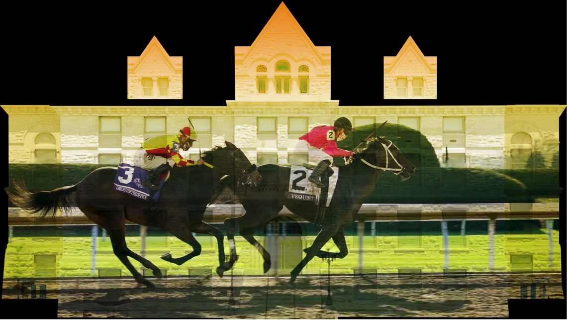 A rendering of the projection planned by the Breeders’ Cup Festival. Scenes of racing will project onto the Old Courthouse on Main Street next to Tandy Park.