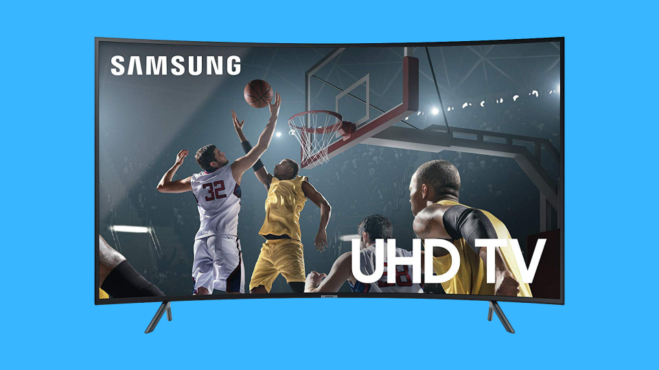 Samsung curved 55-inch 4K TV on blue background. (Photo: Amazon)