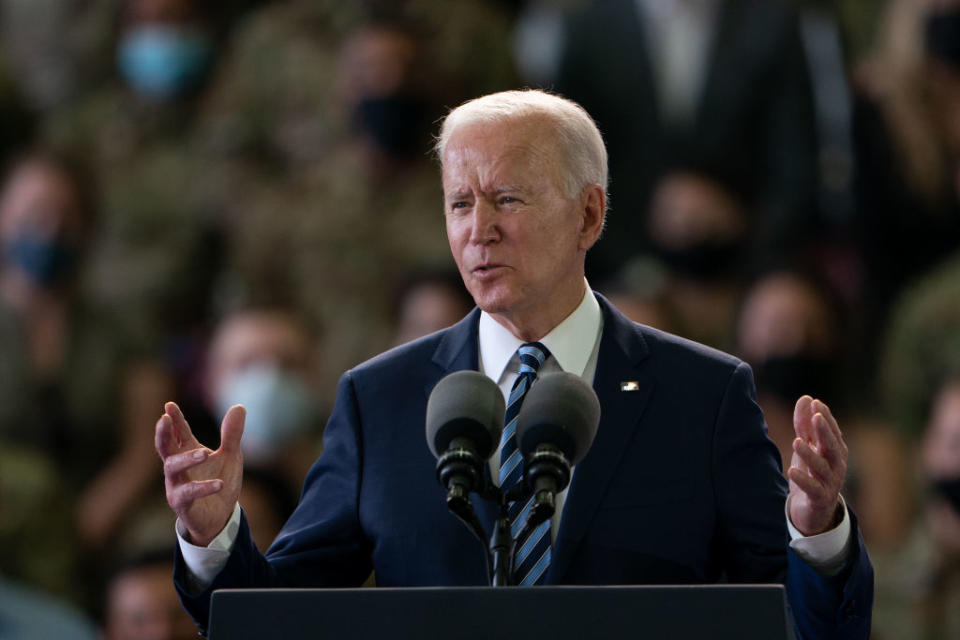 US President Joe Biden addresses US Air Force personnel at RAF Mildenhall in Suffolk, ahead of the G7 summit in Cornwall in Mildenhall, England. 